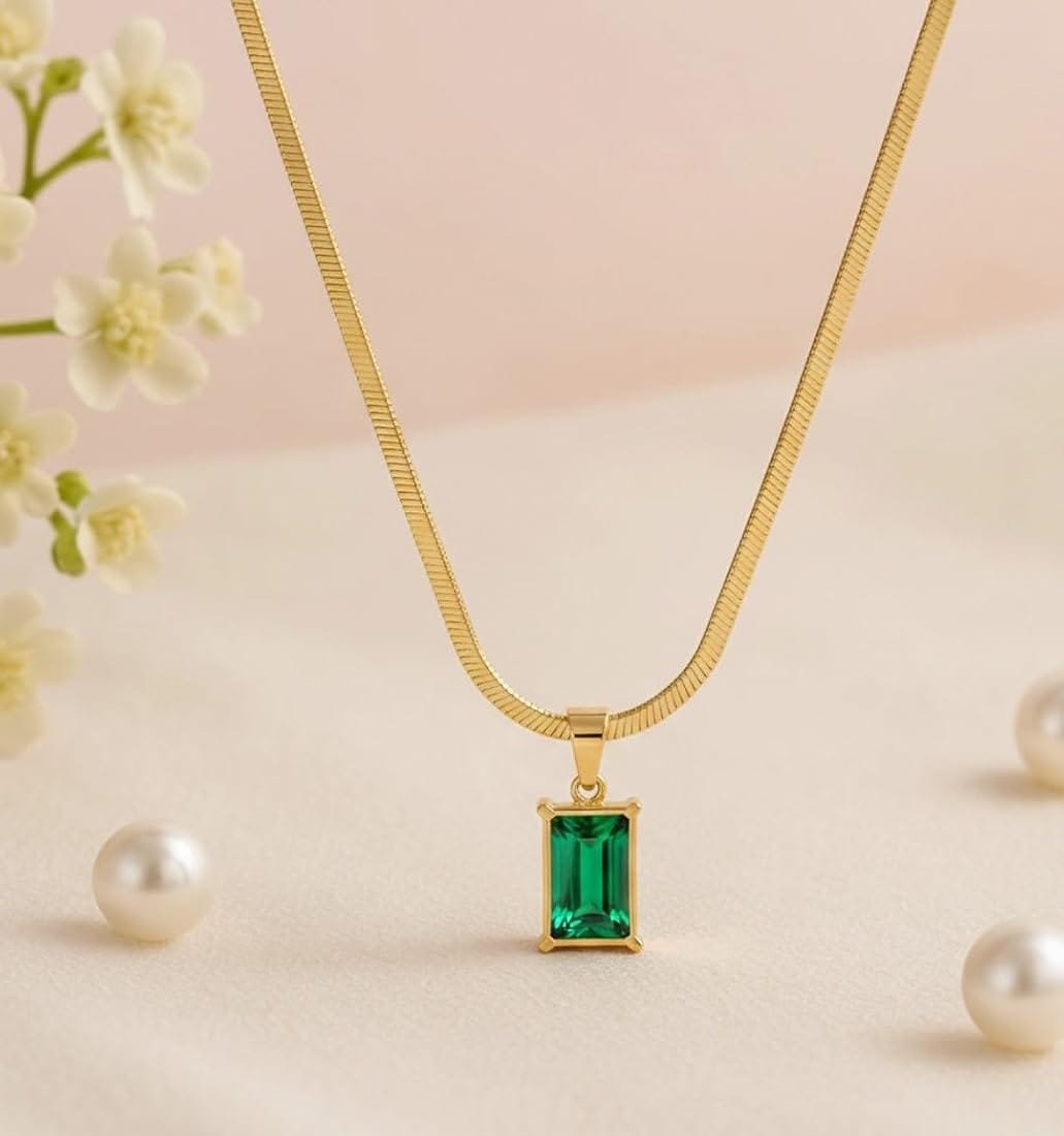 18kt Gold plated, Green premium stone attached Neckchain - Image 2